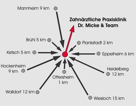 die Zahn&auml;rztliche Praxisklinik von Dr. Micke & Team ist nur wenige Kilometer / Minuten von Ihrem Wohnort entfernt
